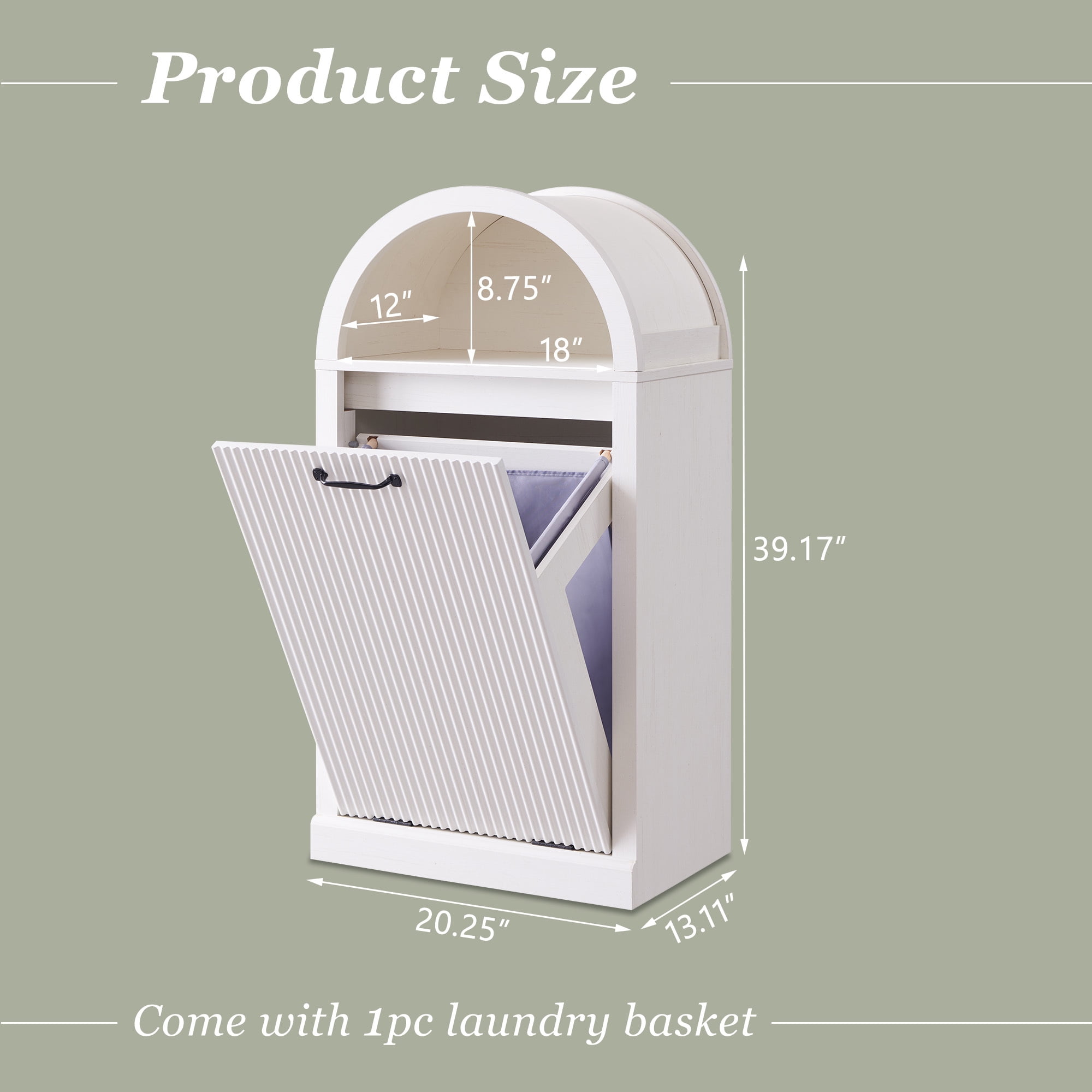 SinCiDo Arched Laundry Hamper Cabinet, 10 Gallon Fluted Hidden Garbage Can Cabinets with Laundry Basket, Free Standing for Bathroom & Kitchen, White