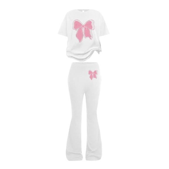 EnJoCho Girls 2 Piece Outfits Kids Cute Bow Short Sleeve Top Long Flare Pants Bell Bottoms Set Summer Athletic School Clothes Little Girls Linen Short Sleeve Pants Outfit
