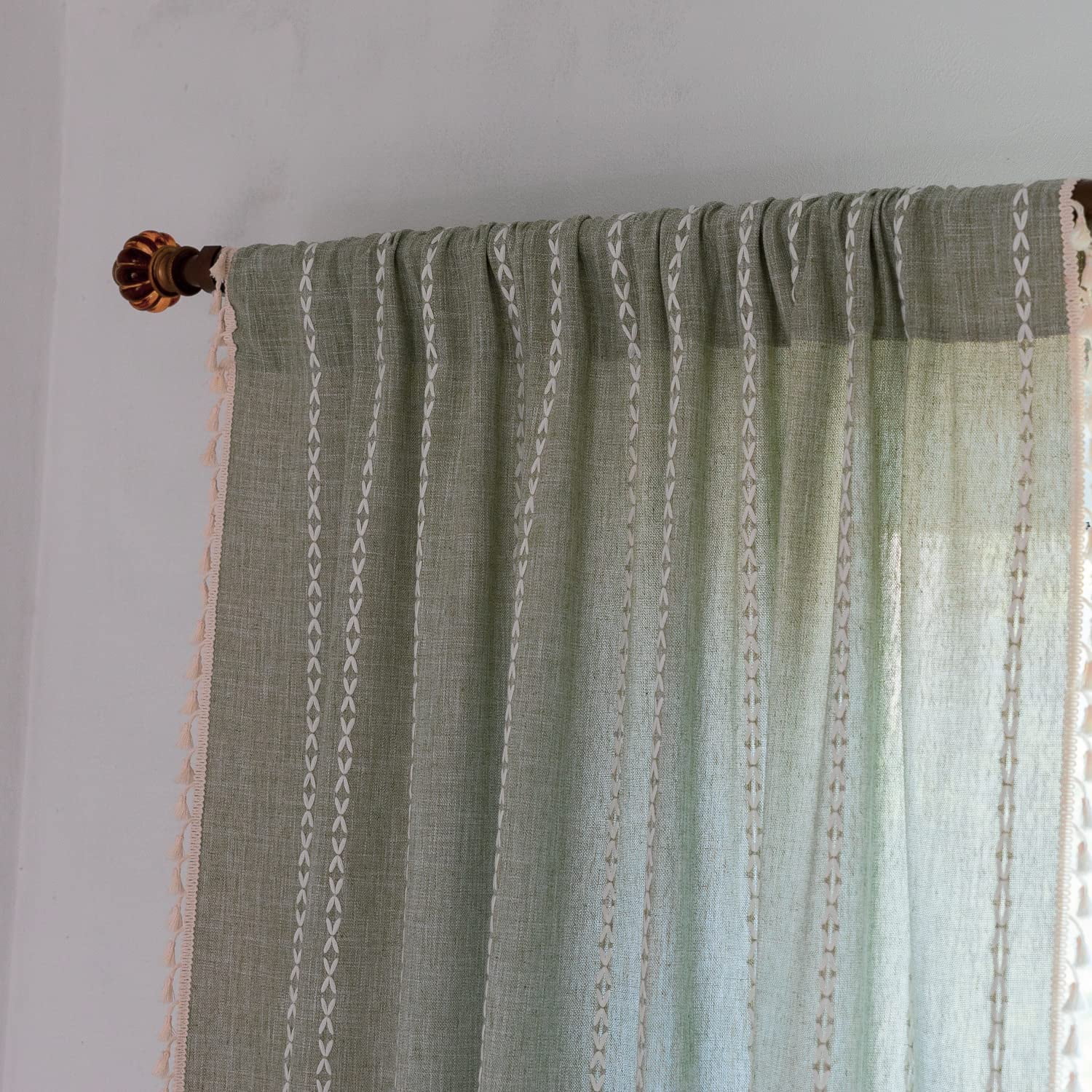 Psoiuetr Green Boho Curtains for Bedroom Living Room Linen Cotton Embroidered Semi Blackout Farmhouse Window Treatment Drape Vintage Tassels Rod Pocket 1 Panel 52" W x 63" L