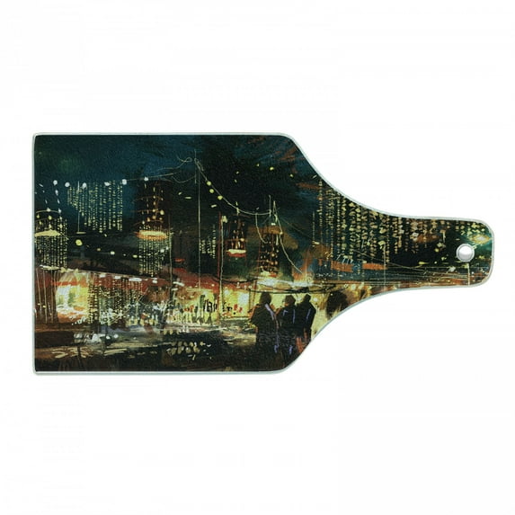 Night Cutting Board, Painting of Shopping Street City with Colorful Nightlife Abstract Brushstrokes Art, Tempered Glass Cutting and Serving Board, Wine Bottle Shape, Multicolor, by Ambesonne
