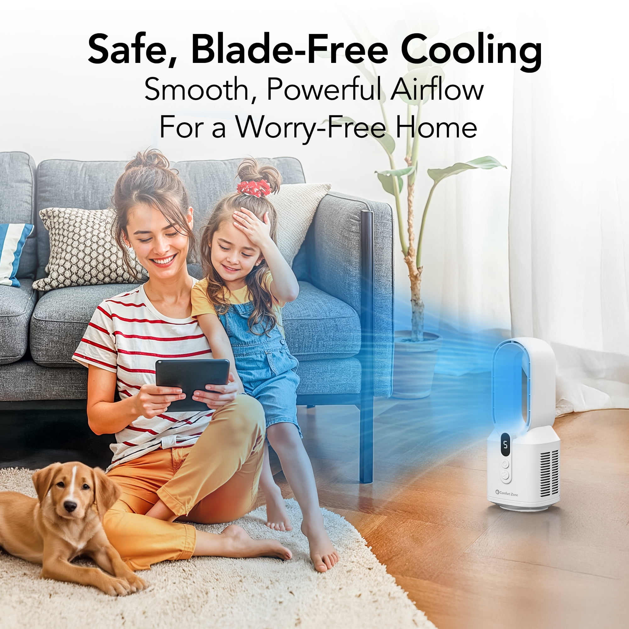 Comfort Zone 14" Rechargeable Bladeless Tabletop Fan, White