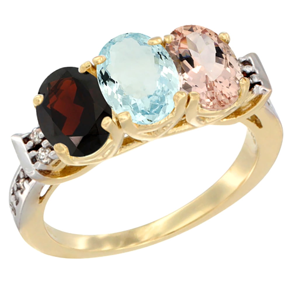 14K Yellow Gold Natural Garnet, Aquamarine & Morganite Ring 3-Stone 7x5 mm Oval Diamond Accent, sizes 5 10 by WorldJewels