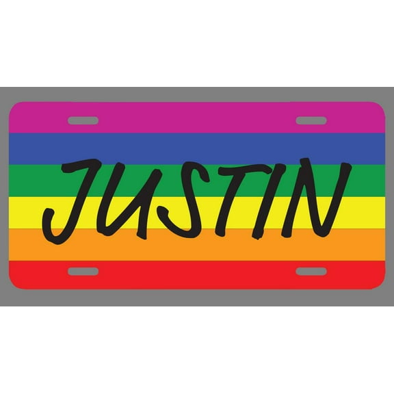 Justin Name Pride Flag Style License Plate Tag Vanity Novelty Metal | UV Printed Metal | 6-Inches By 12-Inches | Car Truck RV Trailer Wall Shop Man Cave | NP2389
