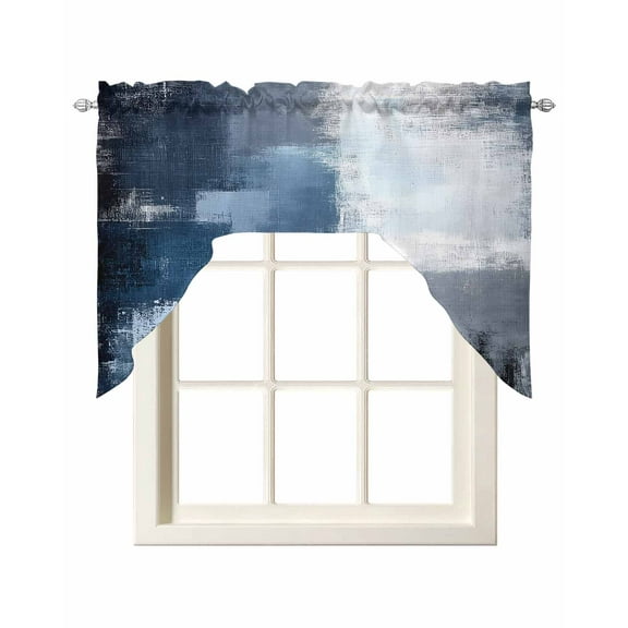Navy Blue Grey Kitchen Curtains Swag Valance for Windows/Bathroom/Cafe, Modern Ombre Oil Painted Abstract Art Rod Pocket Drape Panel Swag Curtain Valance for Bedroom/Living Room 55''x36''