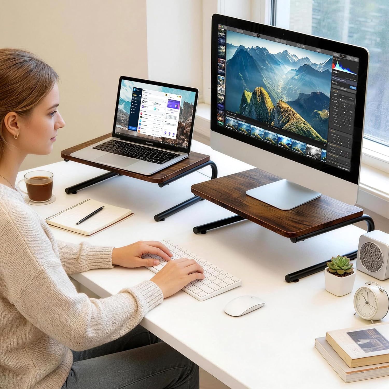 Monitor Riser for Desk, Wood & Metal Computer Monitor Stand, Laptop, PC, Printer Stand Riser, Rustic Brown