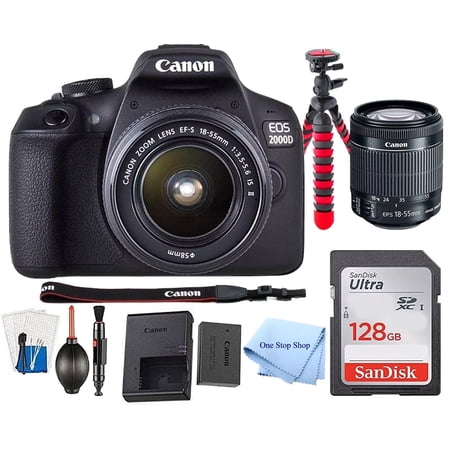Canon EOS 2000D / Rebel T7 DSLR Camera 24.1MP CMOS Sensor with EF-S 18-55mm Zoom Lens + SanDisk 128GB Memory Card + One Stop Shop Accessory Bundle