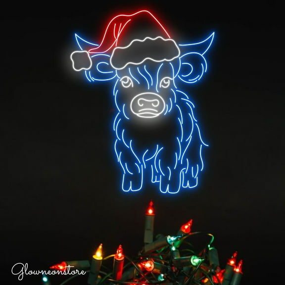 Glowneon Santa Cow Neon Sign, Cow With Santa Hat Led Sign, Cow Neon Light, Santa Claus Wall Art