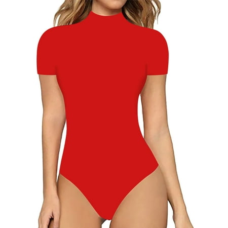

Women s Jumpsuits Rompers & Overalls Casual Soild Color Tight High Neck Short Sleeve Bodysuit Jumpers for Women