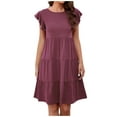 thumbnail image 2 of Pop Seller Summer Beach Dress For Women Casual Round Neck Tunic Ruffle Short Sleeve A-Line Tiered Babydoll Dress Flowy Mini Dress Purple L, 2 of 7