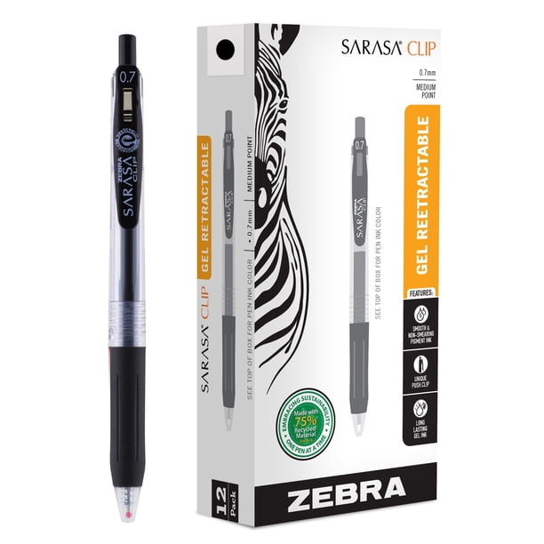 Bolígrafos retráctiles de gel Zebra Pen SARASA Clip 0.7 mm Negro, paquete de 12