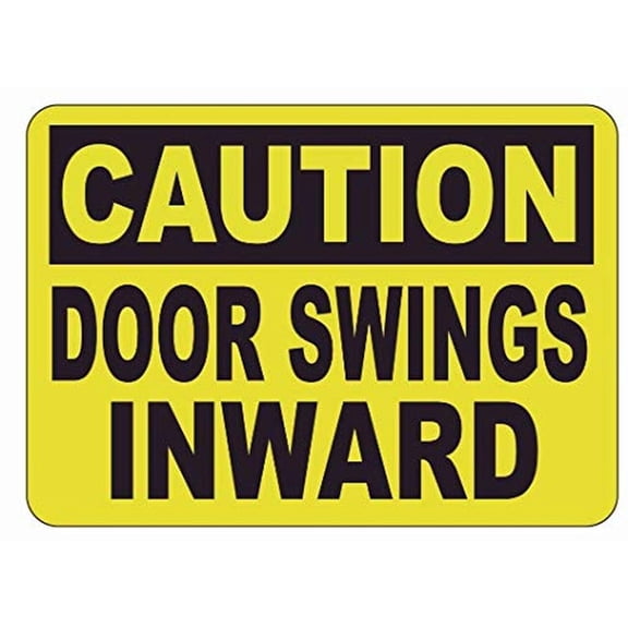Two (2) PCS Caution: Door Swings Inward Label Decal Sticker Sign (5X7 INCH, Yellow Backround) (ref-2201)
