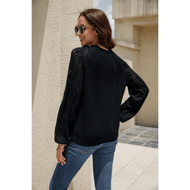 ONTNO Women's Hollow Crochet Knit Cardigan Lantern Long Sleeve