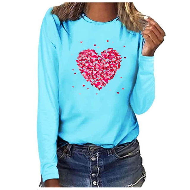 Qertyioot Chandail Cœur d'Amour Saint-Valentin Grande Taille, Haut à Manches Longues Imprimé à Col Rond pour Femmes