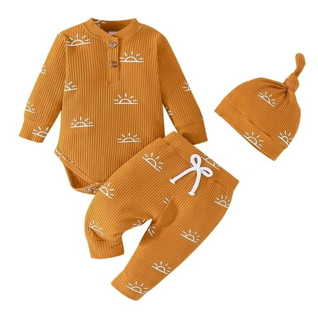 

WILLBEST Boys Long Sleeve Shirts Boys Girls Long Sleeve Cartoon Prints Romper Solid Colour Pants Hat Outfits Set for Kids Clothes