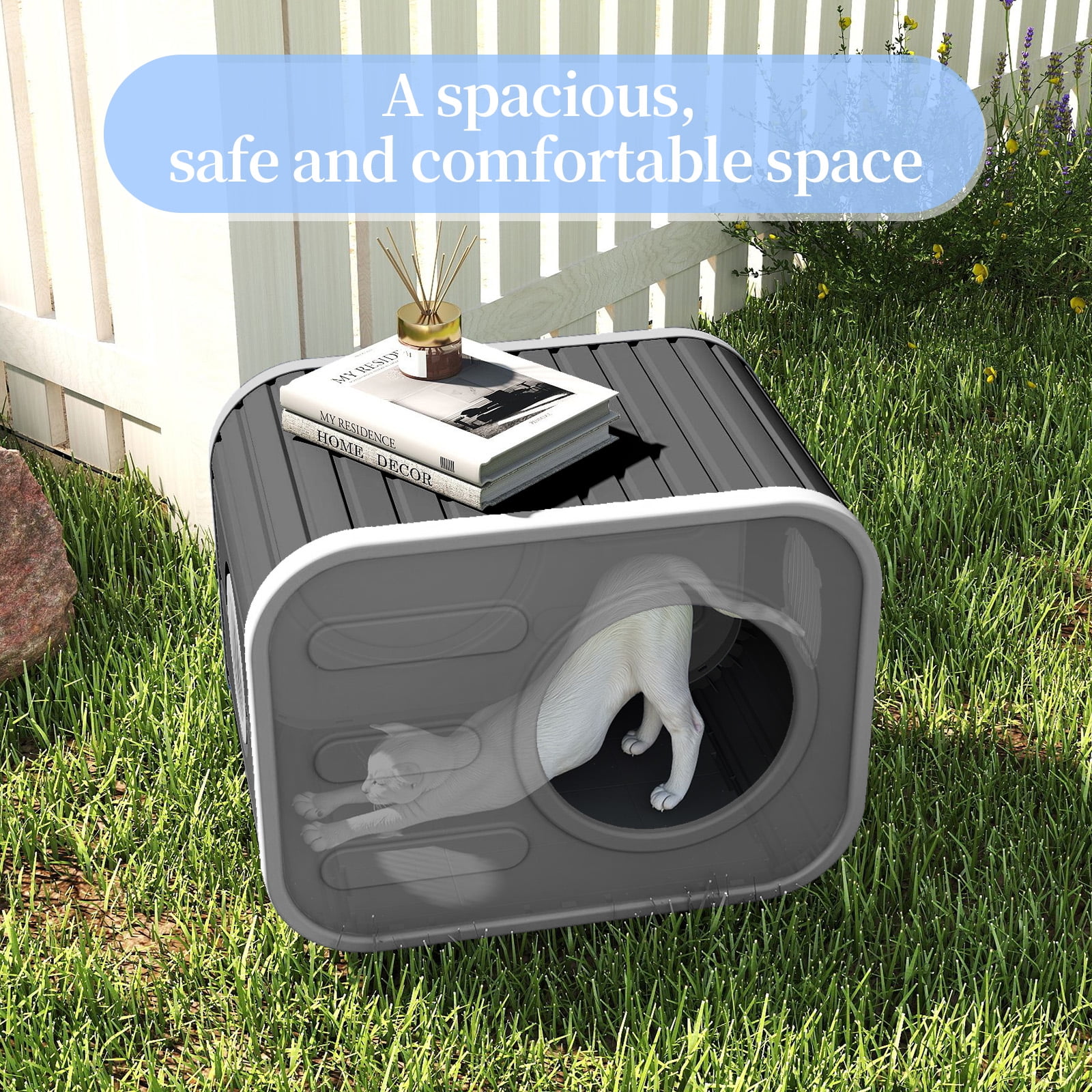 EasyUp Cat House for Indoor & Outdoor Cats, Resin Weatherproof Cat House with Camera-Shaped Design, Versatile for Home & Yard Use(Black&Grey)