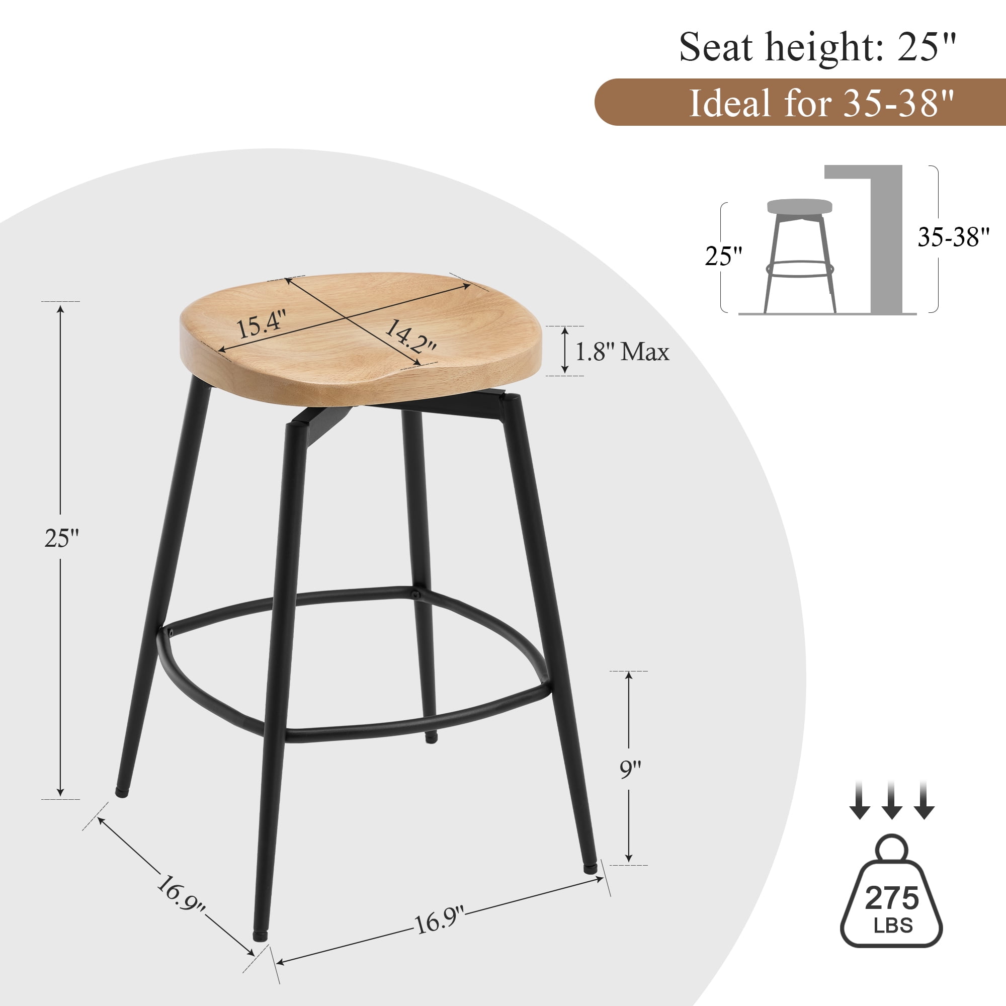 Zesthouse 25″ Swivel Counter Stools Set of 2, Mid-Century Backless Counter Height Barstools with Metal Legs, Solid Rubber Wood Bar Chairs for Kitchen Island, Natural