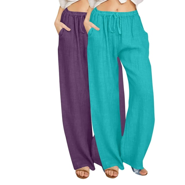 Enjoytime 2 Pack Wide Leg Pants Woman Solid Color Elastic Waist Plus Size Pants with Pockets Drawstring Lounge Loose Workout Womens Trousers Purple L