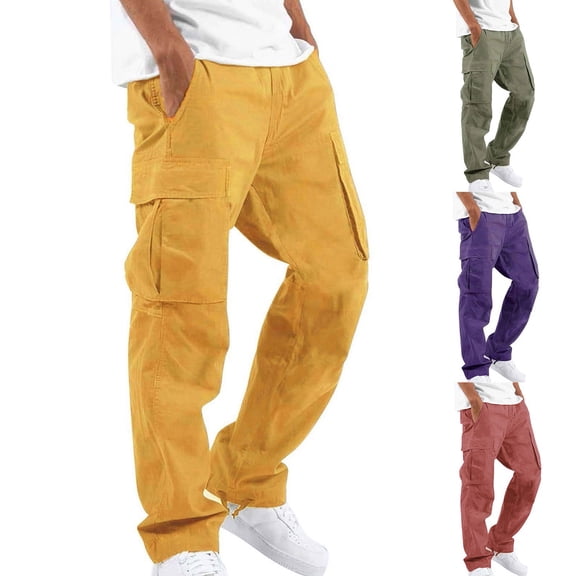 Men's Casual Cargo Pants with Multi Woven Pockets Solid Color Elastic Waist