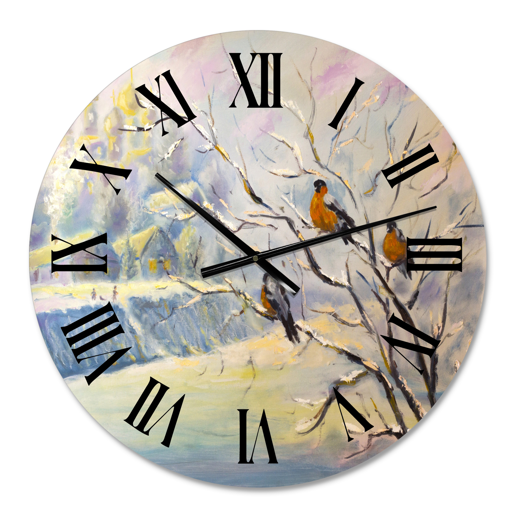 Designart 'Rustic Birds On A Tree In Winter Village' Farmhouse Wall Clock
