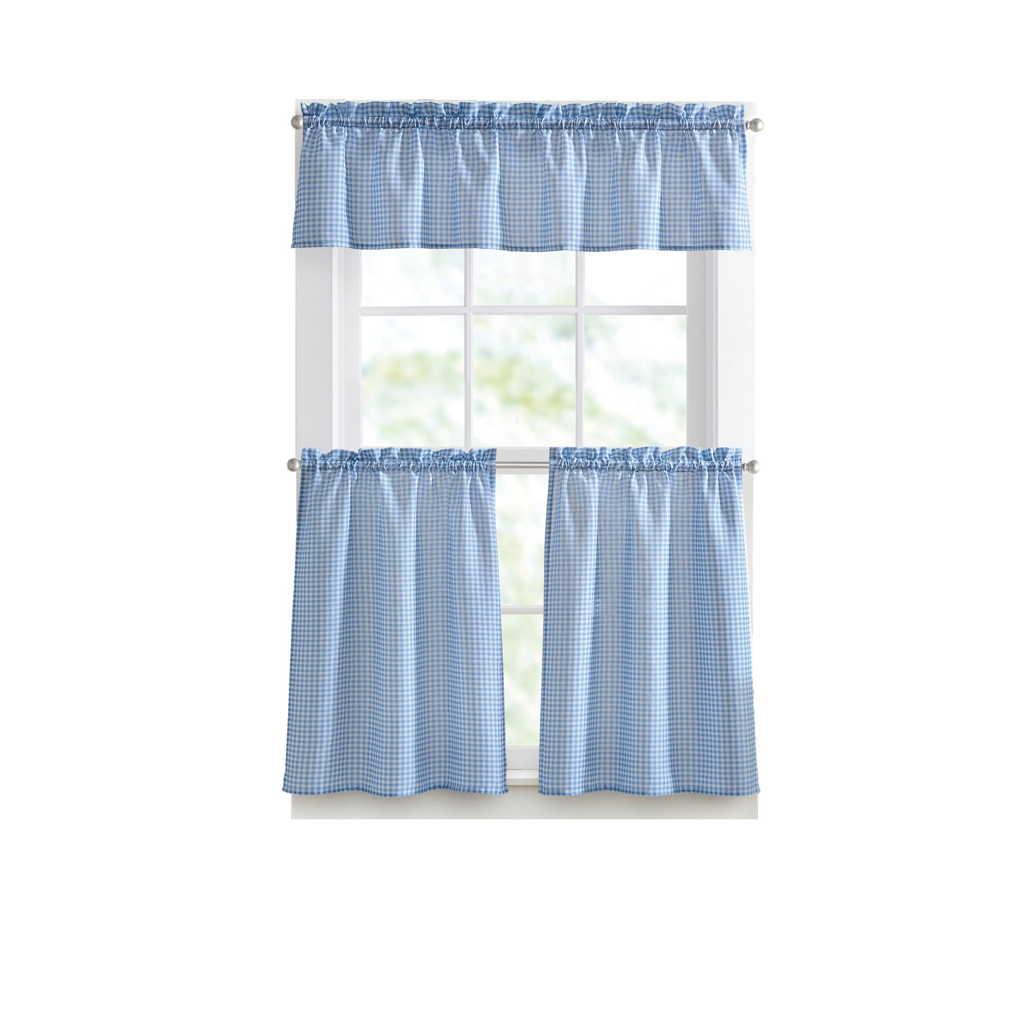 Curtainworks Gingham 3 Piece Tier and Valance Set Blue, Indoor, Pole Top, 56" x 14", Adult