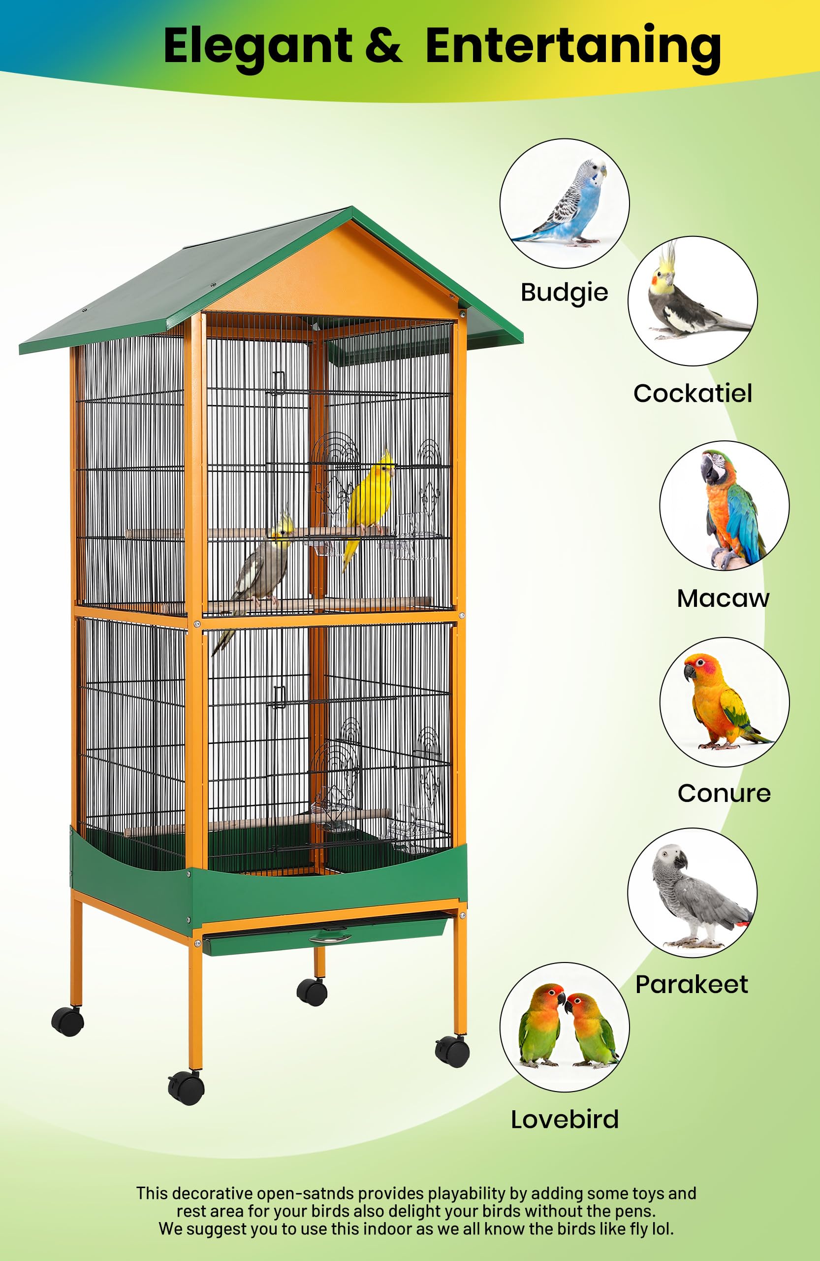 Gaderth 66-Inch Large Bird Cage,Outdoor Indoor Birdcage With Play Stand, Perches,Olling Large Parrot Bird Cage w/Removeble Tray Easy To Clean, Lockable Caster For Indoor& Outdoor Use