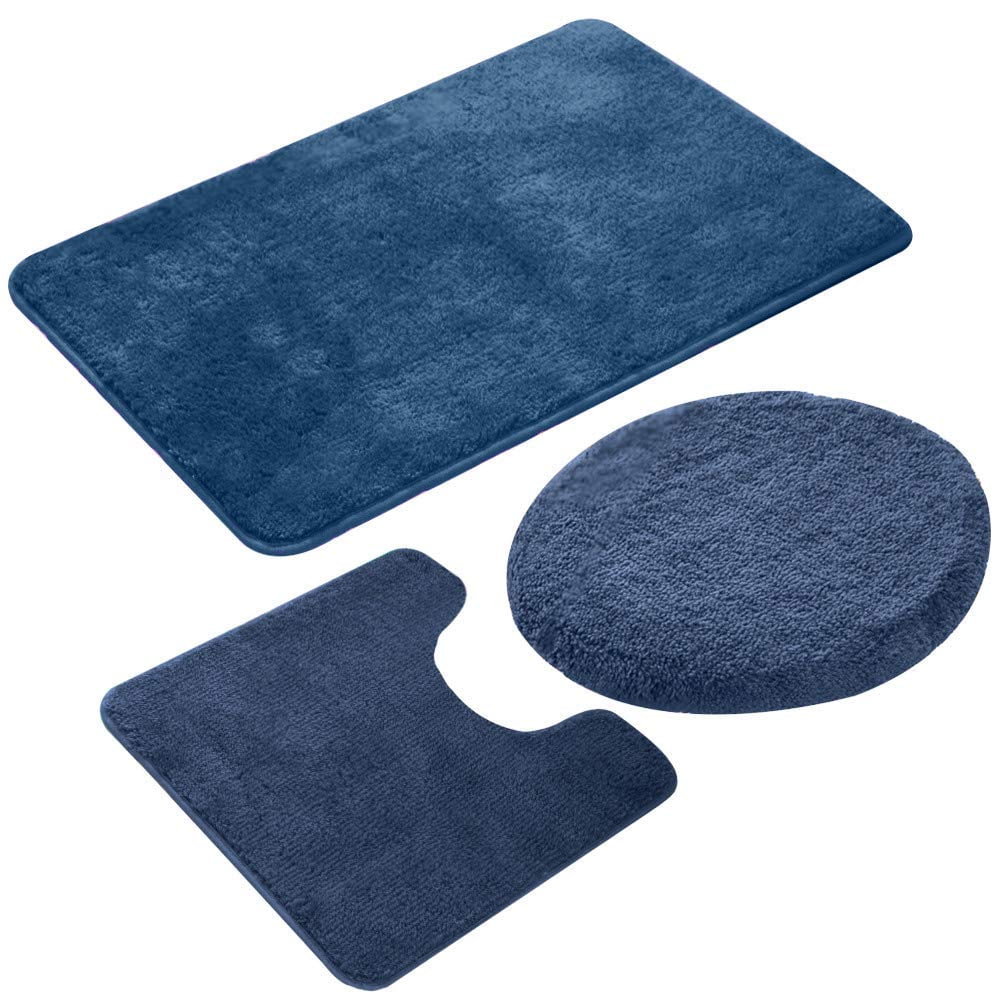 3 Piece Bath Rug Set (Navy Blue) NonSlip Solid Pattern Bathroom Rug
