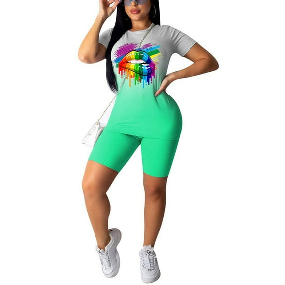KOMOO 2Pcs Women Shorts Outfits Lip Print Short Sleeve T-shirt Bodycon Shorts Tracksuit Yoga Suit