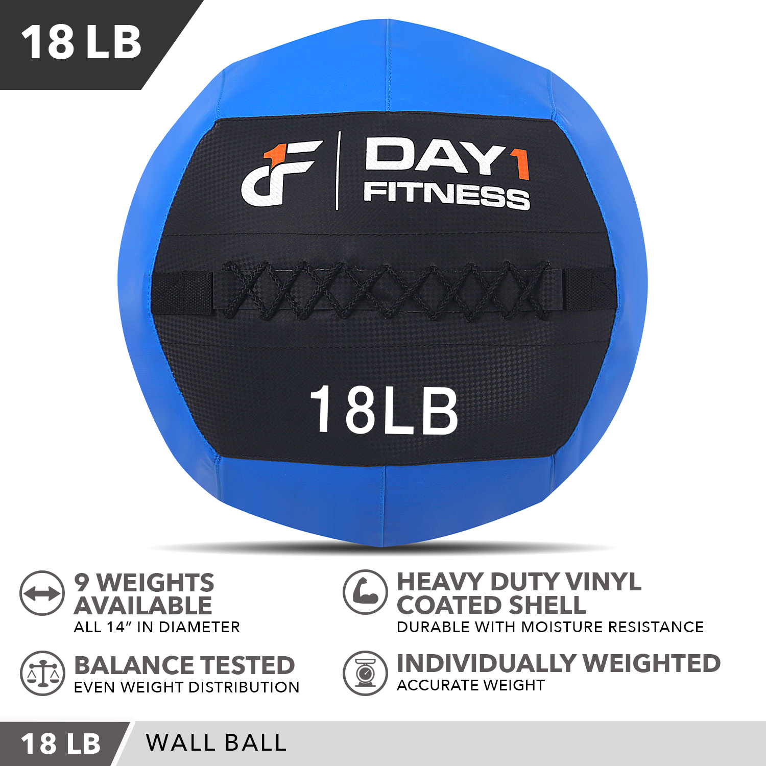 Day1Fitness Blue Soft Wall Medicine Ball 18 Pounds