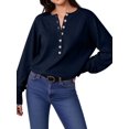 thumbnail image 2 of Women Henley Neck Half Button Drop Shoulder Loose Long Sleeve Knit Pullover Sweater Dark Blue XXL, 2 of 9