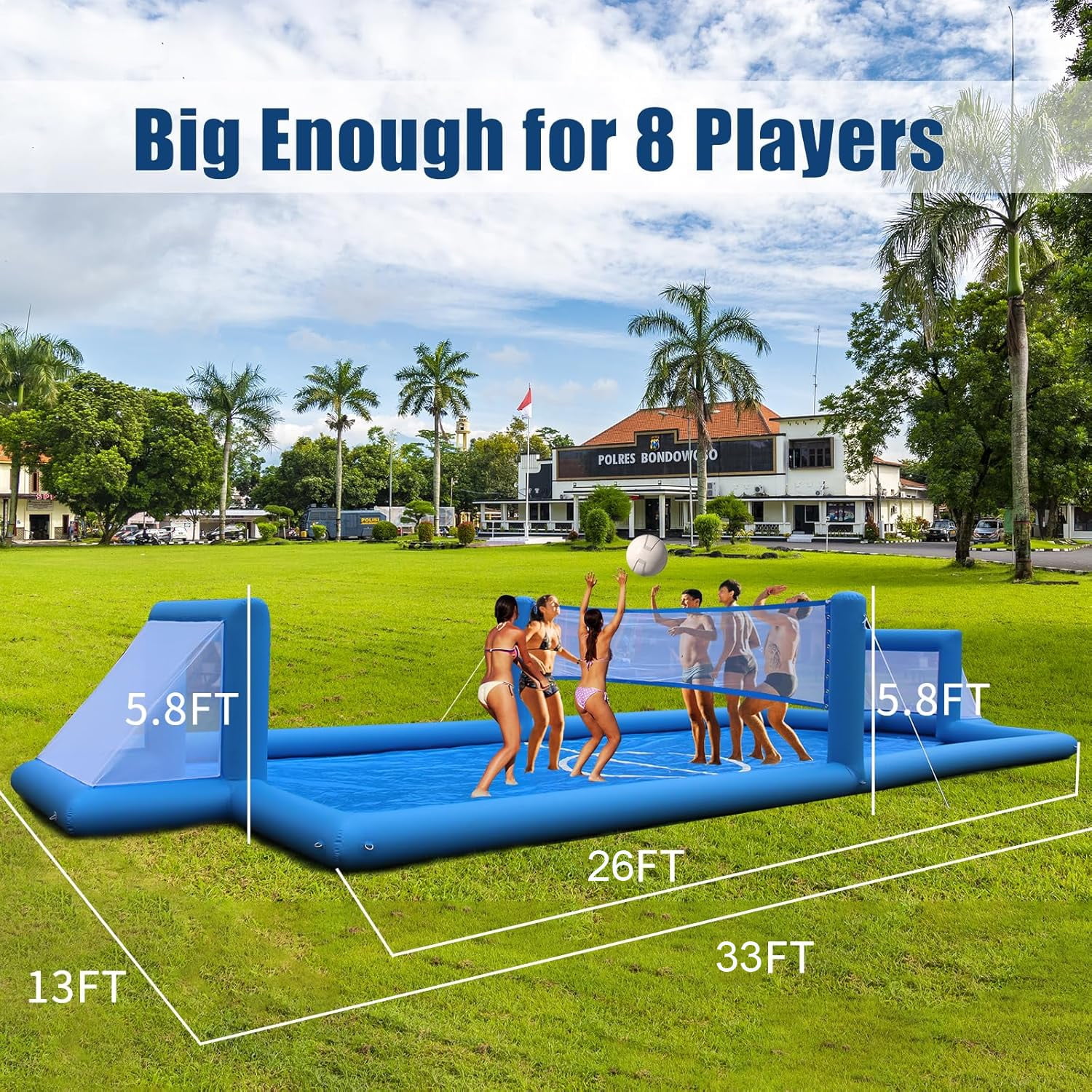 PPXIA 33FT Inflatable Volleyball Court with 800W Air Pump for Beach, Pool & Backyard Outdoor Games