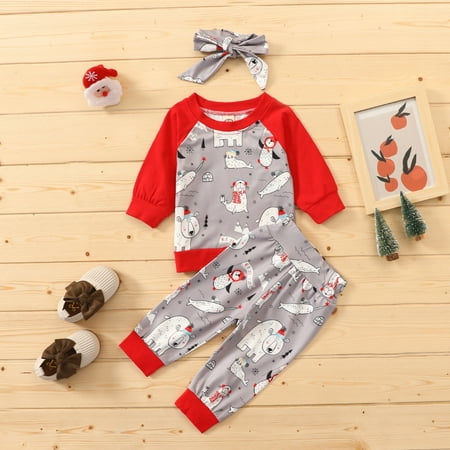 

Augper Baby Girl Clothes Long Sleeve Fall Winter Clearance Toddler Kids Baby Christmas Animal Print Tops Pants Bow Headbands Set Outfits Gray