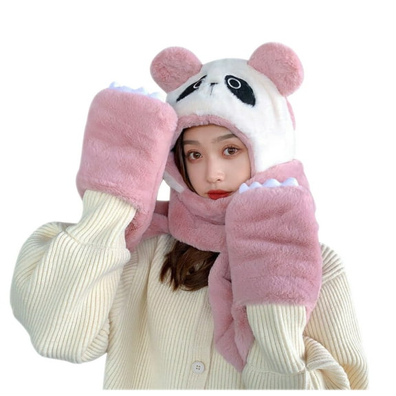 QQAMB Women Kawaii Bear Ear Thick Knitted Scarf Gloves Beanie Hat 3 in 1 - Balaclava Faux Fur Cute Fleece Sherpa Hat for Cycling