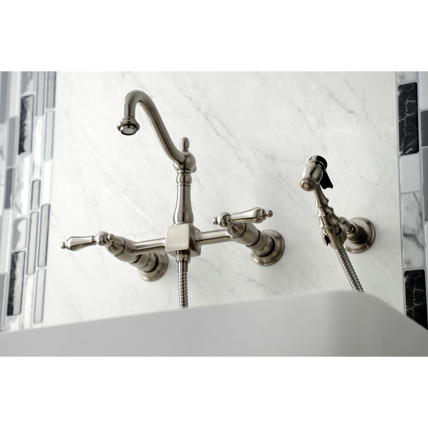 Kingston Brass KS1268ALBS Heritage Wall Mount Bridge Kitchen Faucet with Brass Sprayer, Brushed Nickel