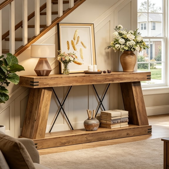 Fnova 70" Farmhouse Console Table, Long 2-Tier Entryway Table with X-Shaped Metal Support, Narrow Wood Sofa Table for Living Room, Hallway, Behind Couch, Brown