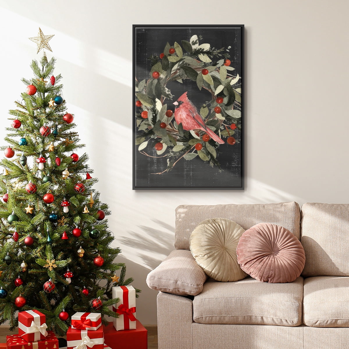 Christmas Cardinal I - Framed Gallery Wrapped Holiday Canvas - 25 x 37 - Black Frame