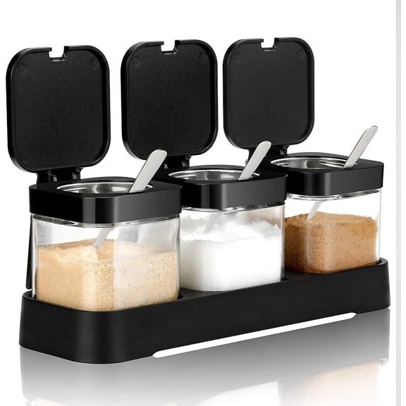Condiment Jar Spice Container with Lids and Spoons, 8.6oz Clear Glass Condiment Canisters Pots Season Box Salt Container Sugar Bowl Set of 3 for Kitchen, Containers, Black