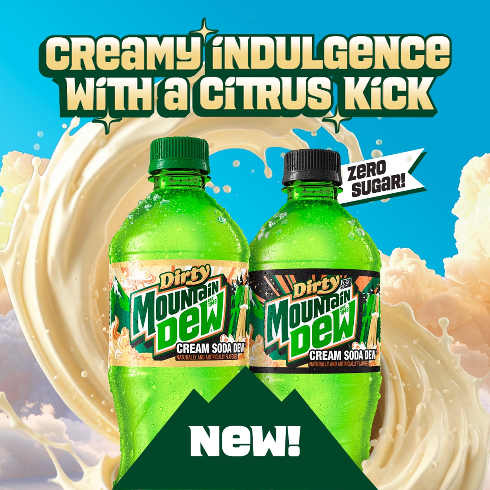 Mountain Dew Zero Sugar Dirty Cream Soda, 20 Oz Bottle -24-pack