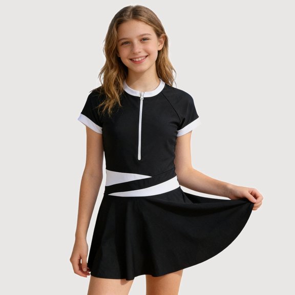 Gyujnb Sporty Short Sleeve One-Piece Swim Dress, Zipper Front Bathing Suit for Beach Pool (Big Girls),9-10 Years
