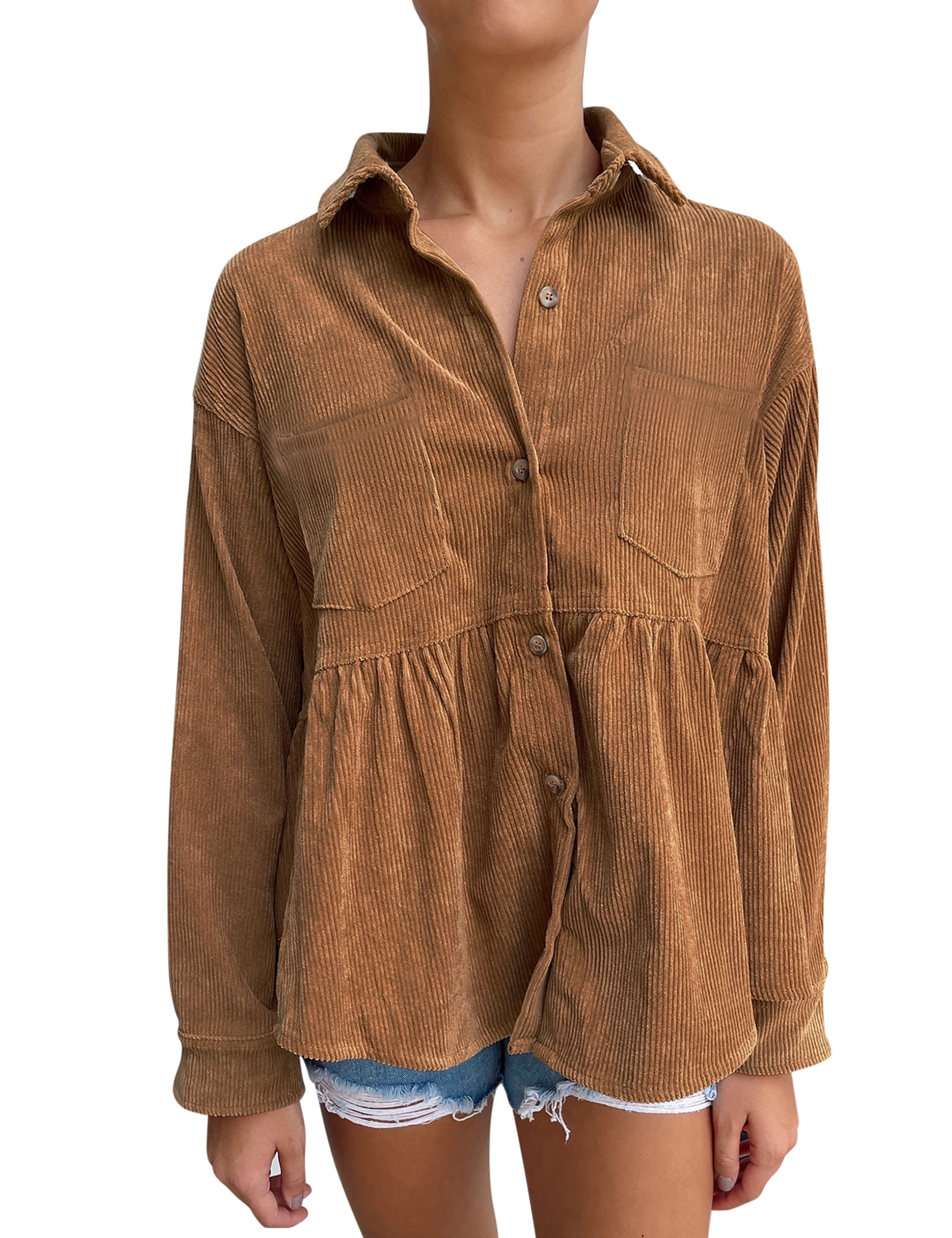 Oyang Womens Babydoll Corduroy Peplum Shirts Tops Cute Ruffle Long ...