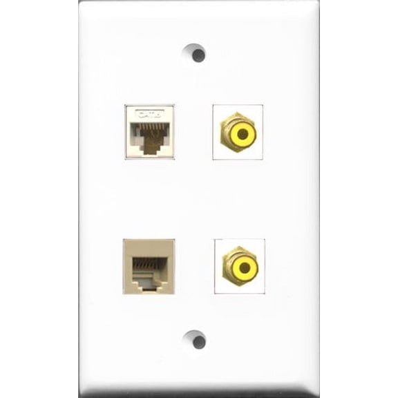 RiteAV - 2 Port RCA Yellow and 1 Port Phone RJ11 RJ12 Beige and 1 Port Cat6 Ethernet White Wall Plate