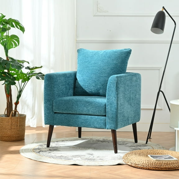 26.77" Single Armchair, Modern Accent Chair with Chenille Fabric Upholstered, Waist Pillow, 4 Solid Wood Legs, Lounge Chair for Living Room, Bedroom, Study Room, Teal
