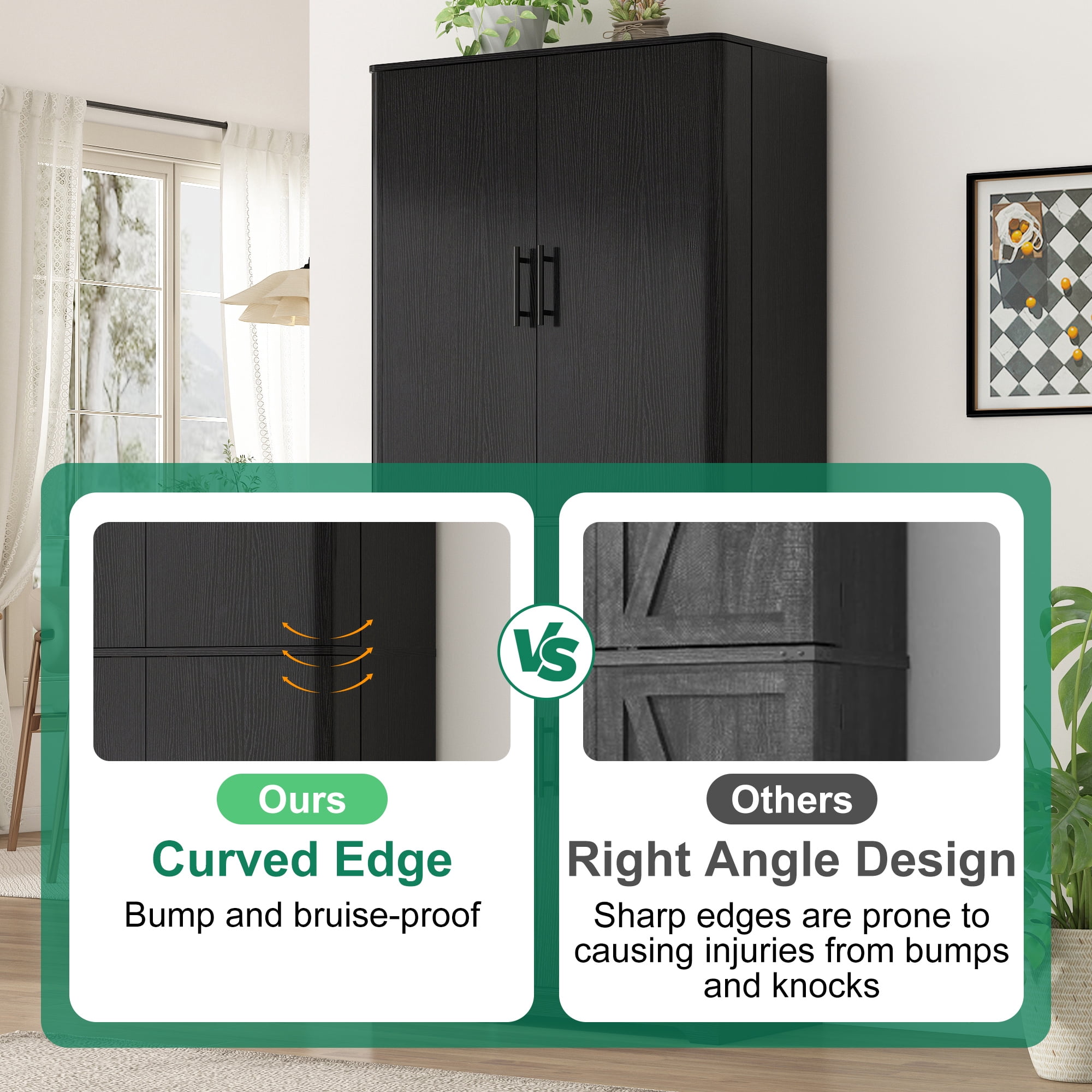 Blotout 72" Tall Kitchen Pantry Cabinet w/ 12 Side Shelves, 6 Layers Modern Cabinet Wood Cupboard, 4 Wood Doors Storage Cabinet w/ Adjustable Shelves for Kitchen, Dining Room, Living Room, Black