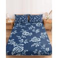 thumbnail image 2 of Queen Size Fitted Sheet Set - Spring Floral 3 Piece Bedding Sets 16" Deep Pocket Fitted Sheet with 2 Pillowcases, Watercolor Botanical Flowers Rustic Navy Blue Brushed Microfiber Hotel Bed Sheets, 2 of 9