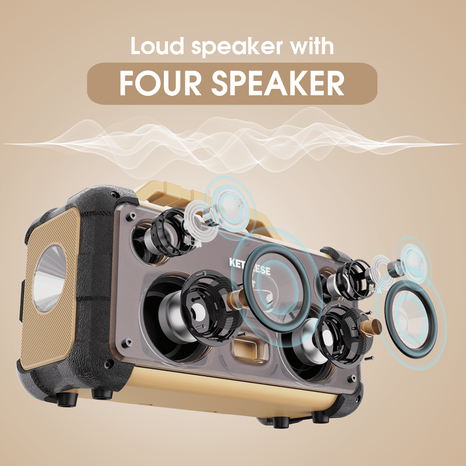 Unique CD Player with 4 Glass Diaphragms Speakers, Portable Bluetooth Speaker Powerful Sound, FM Radio/ AUX Audio/24H Playtime/ 2 Huge LED Lights/ TF Card Slot, for Camping/Backyard/Party