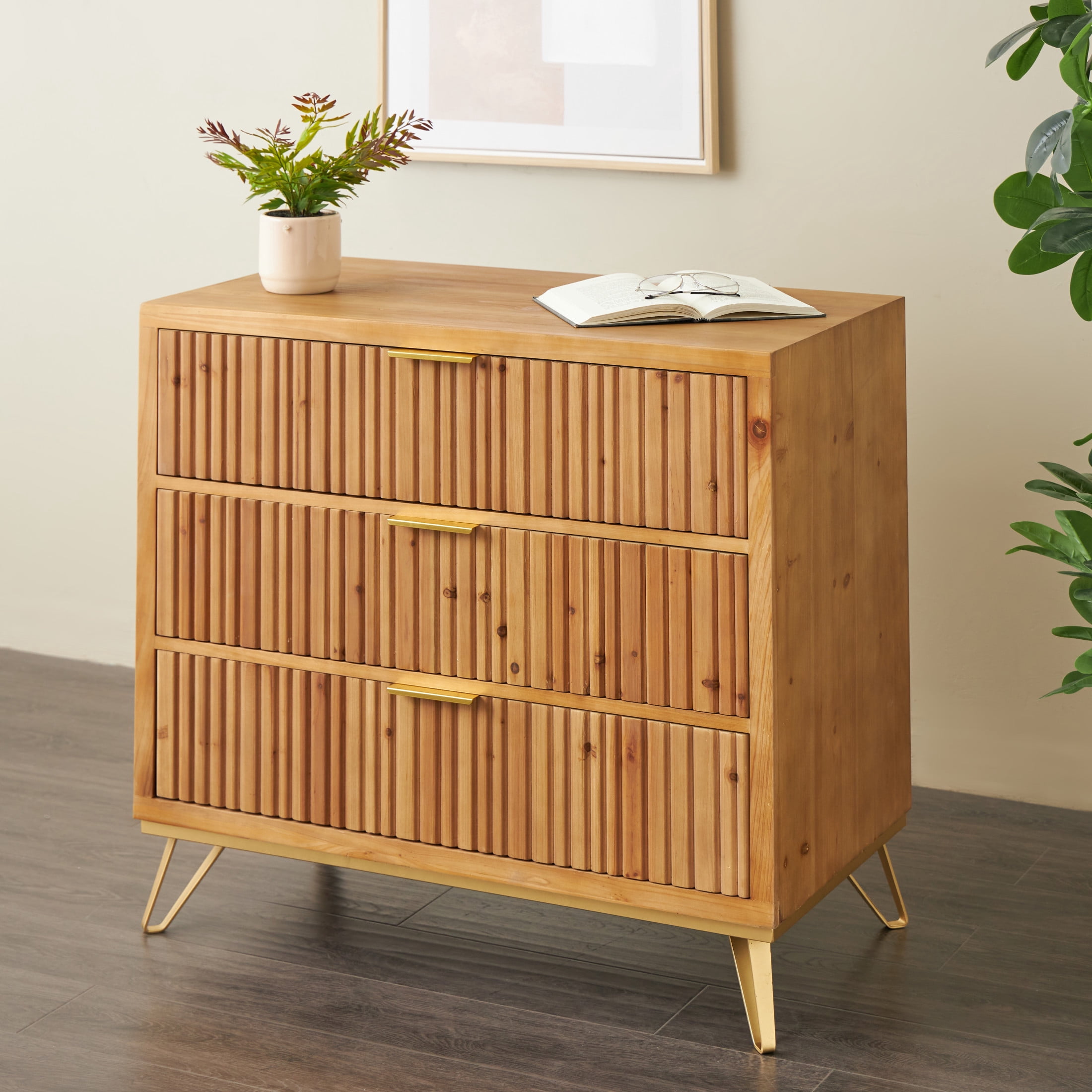 DecMode 36" x 32" Brown Wooden Ribbed 3 Drawer Chest with Gold Handles and Legs, 1-Piece