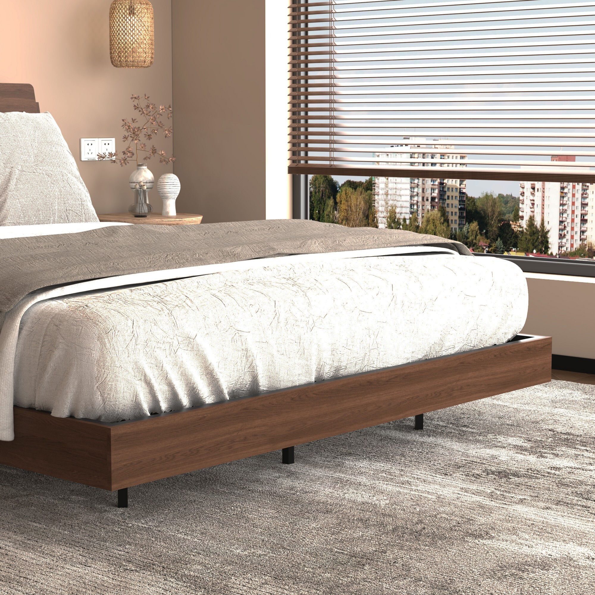 AENKYO Floating Design Queen Bed Frame with LED Lights, Foldable Tabletops, Storage Headboard with USB Charging, Walnut
