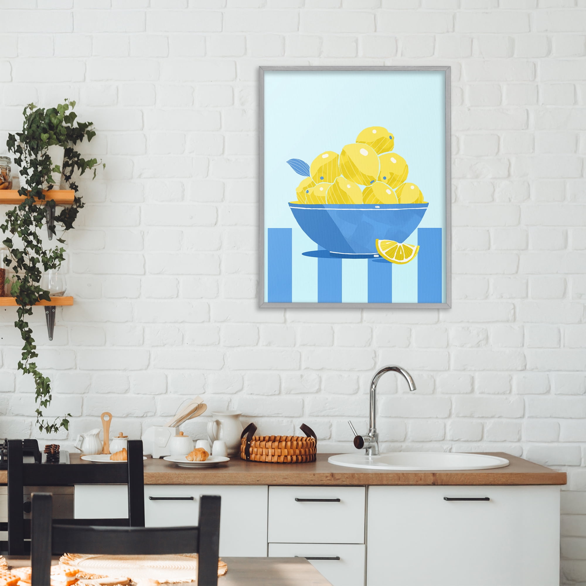 Stupell Industries Yellow Lemon Bowl Striped Gray Framed Giclee Art, design by Lucca Sheppard