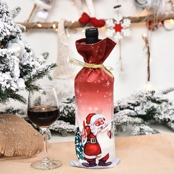 Christmas Wine Bottle Cover Bags Gift Bags Red Wine Bottle Dress Christmas Decorations with Drawstring Printed Cartoon Santa Claus Snowman Reindeer Elk Decorative Wine Bags
