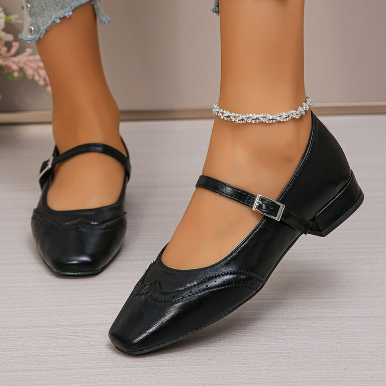 Mary Jane Square Toe Black Ballet Flats for Women Comfortable
