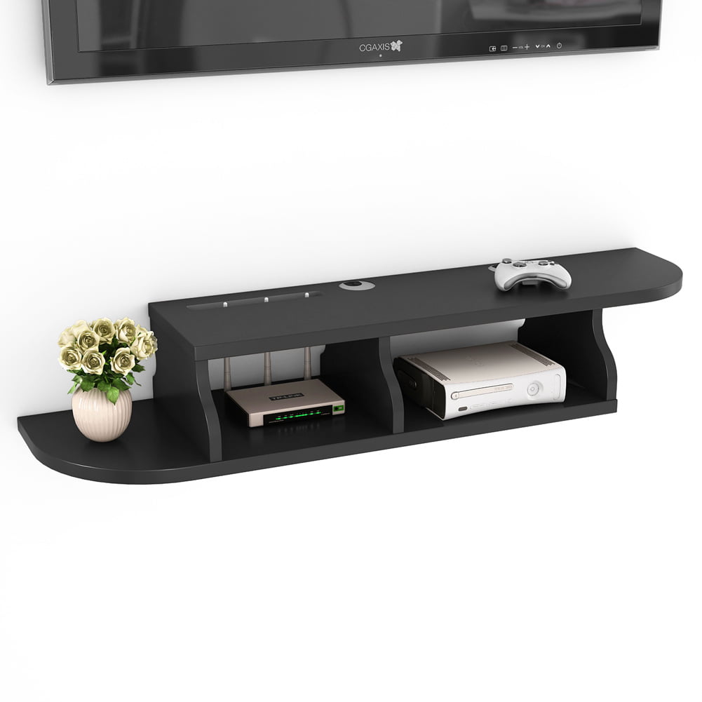 for Cable Boxes/Routers/Remotes/DVD Players/Game Consoles Media Console Wall Mounted Wood Wooden Color : Black 2 Tier Floating Shelf